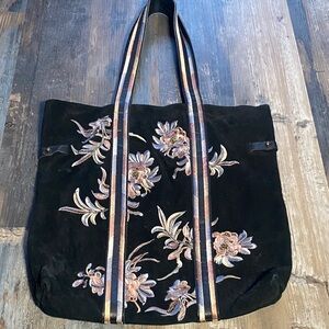 Free People suede and leather Floral Embroidered Black Tote Bag